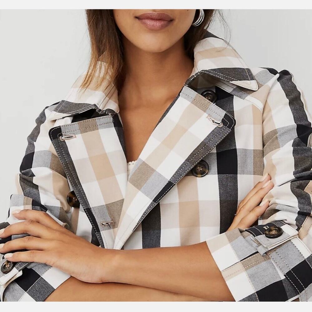 Ann Taylor Medium Weekend Collection tan black cream Plaid Short Trench Coat​ - Picture 7 of 11